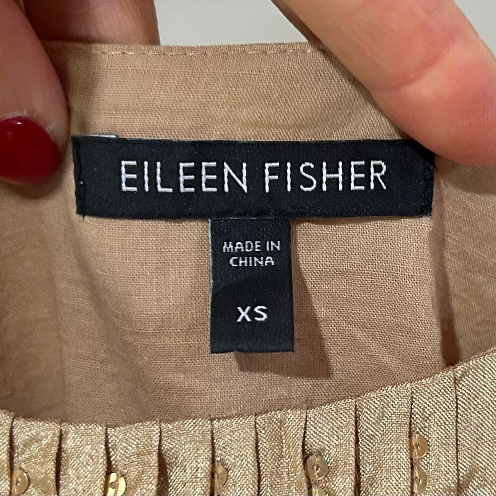 Eileen Fisher Gold Silk Pintuck Sequin Tank Top XS Spaghetti Straps Side Zip - Picture 4 of 9